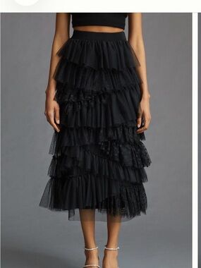 Anthropologie Ruffled Tulle Midi Skirt